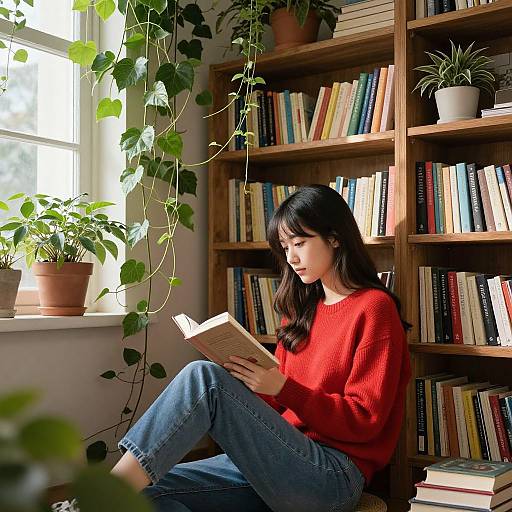 Photograph of an Asian woman with long black hair, wearing a red sweater and blue jeans, reading a book in a sunlit library with potted