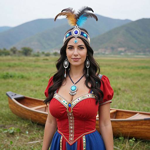 Photograph of a woman with dark hair, wearing a red dress, blue skirt, and feathered headdress, standing in front of a wooden canoe