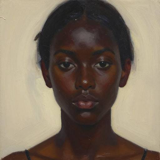 Photorealistic oil painting of a dark-skinned woman with short, curly hair, centered against a white, softly glowing background. Her expression is neutral