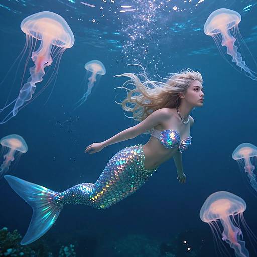 Photorealistic digital artwork: Blonde mermaid with iridescent scales and glowing topknot swims amid glowing jellyfish in a deep blue underwater ocean