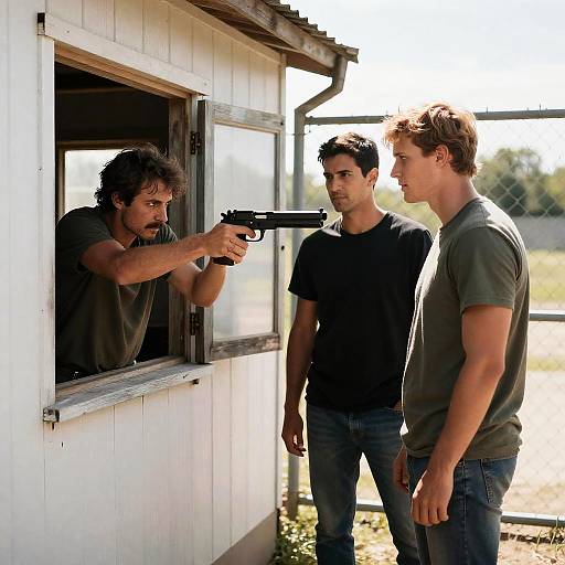 Intense Man Aiming Gun in Rural Setting