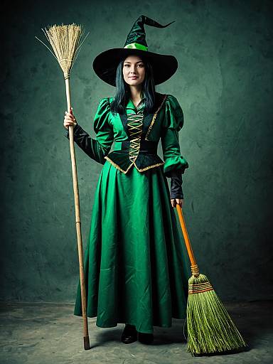 Woman in Green Witch Costume with Brooms