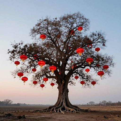 Photograph of a large, bare-branched tree adorned with red Chinese lanterns, set against a clear, twilight sky and expansive, flat landscape