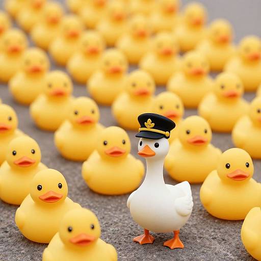 Photograph of a white rubber duck wearing a black cap standing among numerous yellow rubber ducks on a gray surface.