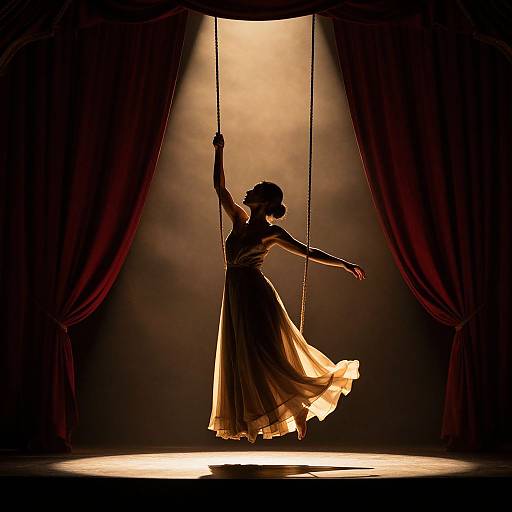 Silhouetted dancer in flowing dress, suspended by ropes, against dramatic stage lighting with dark red curtains framing her. Photographic image.