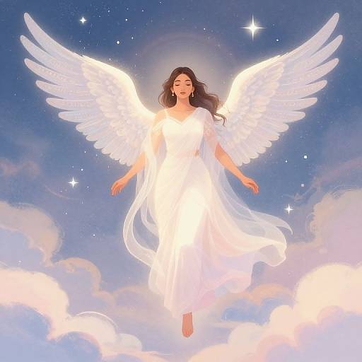 Digital illustration of a serene angel with glowing white wings and dress, floating among clouds against a starry blue sky.