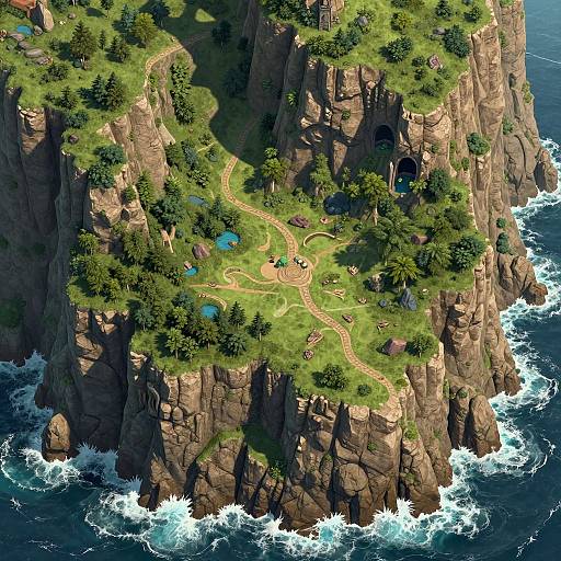 Aerial view of a lush, cliffside camp with winding paths, tents, trees, and crashing ocean waves below. Vibrant, detailed CGI.