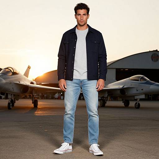 Confident Man on Fighter Jet Runway