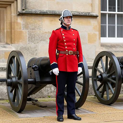 Photograph of a British soldier in a bright red military uniform with black pants and white gloves, standing beside black cannons in front of a stone building.