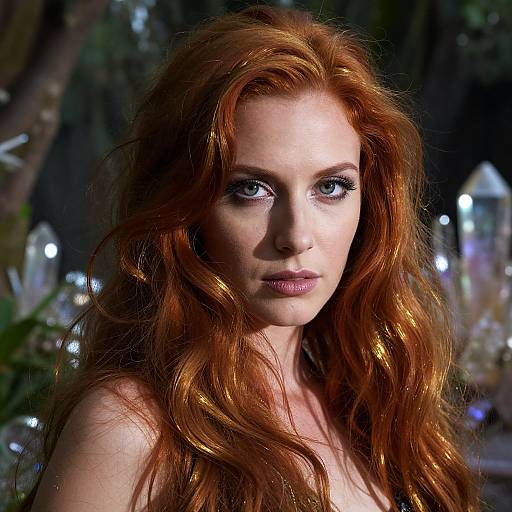 Photograph of a fair-skinned woman with long, wavy red hair and blue eyes, set against a dark, illuminated forest background.
