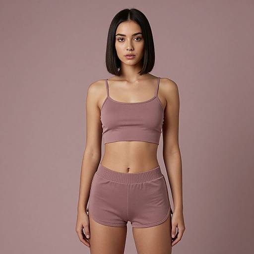Photograph of a young woman with straight black hair, wearing a mauve sports bra and matching high-waisted shorts, standing against a plain pink