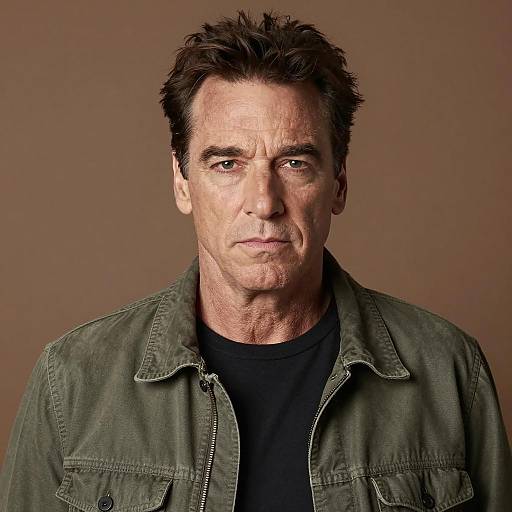 Serious Middle-Aged Man in Olive Jacket