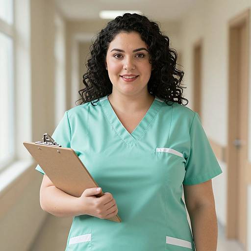 Photograph of a smiling, curly-haired Latina woman in light green medical scrubs holding a clipboard in a sunlit hallway.