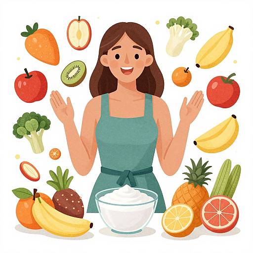 Digital illustration of a smiling woman in a teal apron, surrounded by floating fruits and vegetables, with a bowl in front.