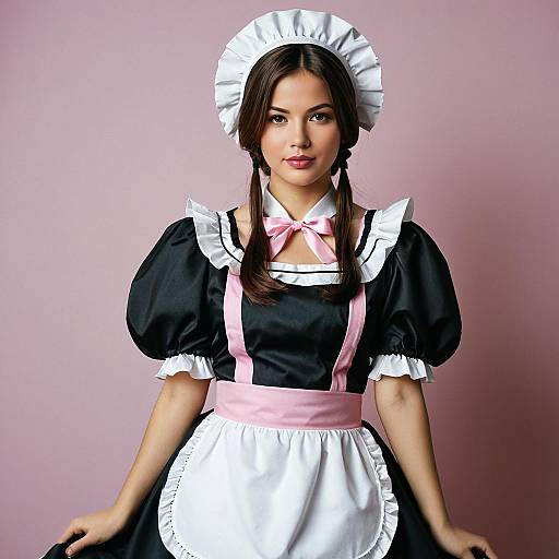 Young Woman in Black and Pink Maid Outfit
