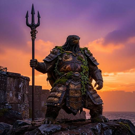 Photograph of a moss-covered, armored warrior with a trident, standing on a rocky cliff at sunset, against a vivid orange and purple sky.