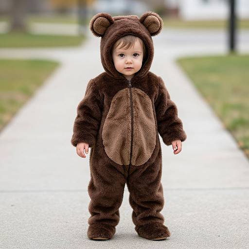 Photograph of a baby in a brown bear onesie with ear hats, standing on a paved path in a park.