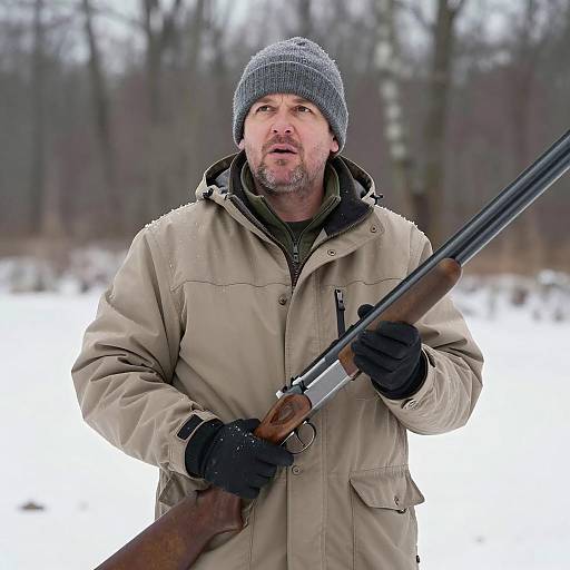Man Holding Shotgun in Snowy Field