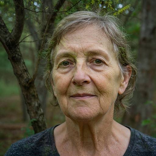 Photograph of an elderly woman with short, gray hair, fair skin, and wrinkles, wearing a black shirt, standing in a forest with blurred trees