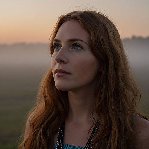 Photograph of a young woman with long, wavy auburn hair and blue eyes, gazing thoughtfully at a misty sunrise. She