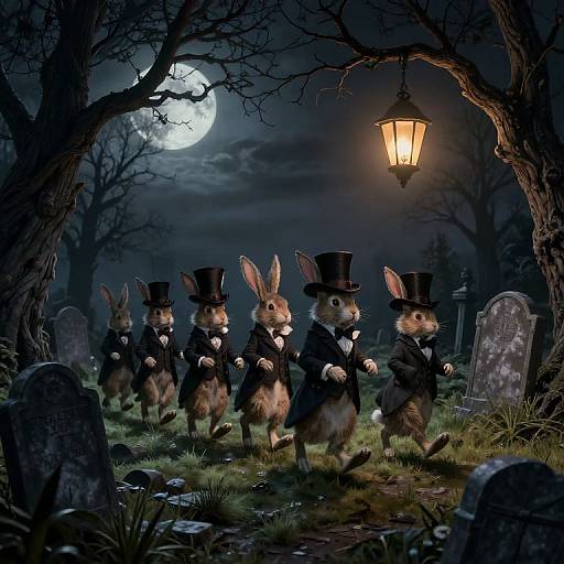 Digital illustration of six anthropomorphic rabbits in black top hats and coats, walking through a graveyard at night under a full moon and hanging lantern.