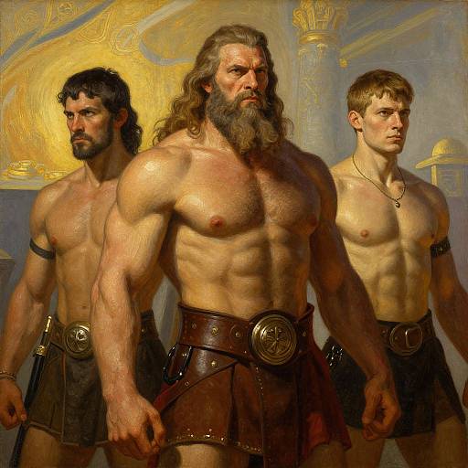 Digital painting of three muscular, shirtless men with ancient Greek-style leather skirts, standing in a golden, ornate background. Central bearded man with