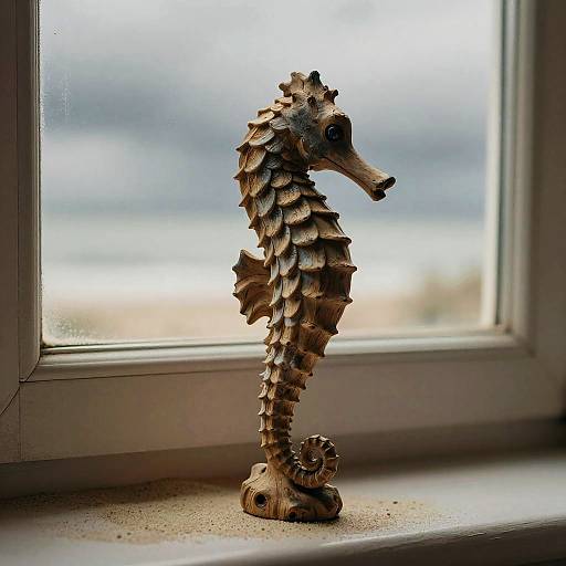 Carved Driftwood Seahorse Sculpture by Window