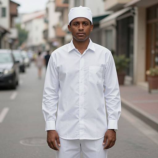 Photograph of a young Black man standing on a city street, wearing a white long-sleeve shirt, white pants, and a white cap,