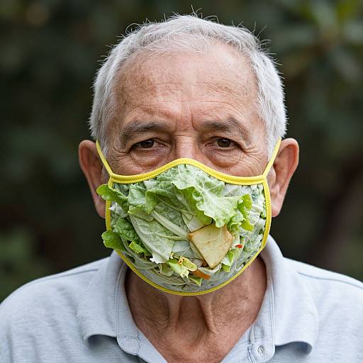 Photograph of an elderly man with white hair, wearing a leafy mask with yellow trim, and a light-colored polo shirt, against a dark green