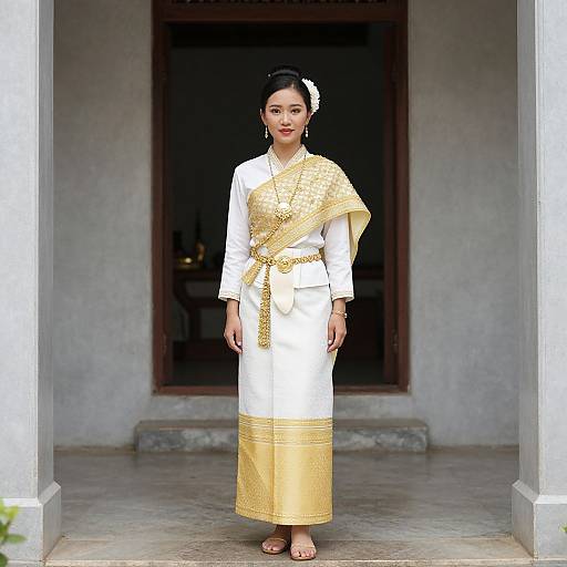 Photograph of an Indian woman in a white traditional saree with gold embroidery, standing in a doorway, wearing a white flower in her hair and red