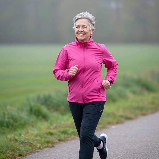 Photograph of a smiling, gray-haired elderly woman in a pink jacket and black pants, jogging on a wet, grassy path.