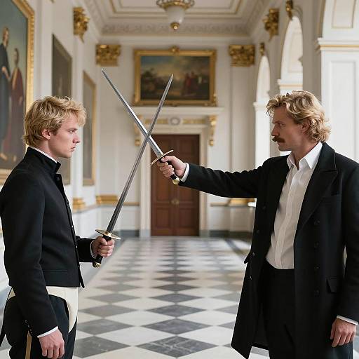 Dueling Men in a Grand Hallway