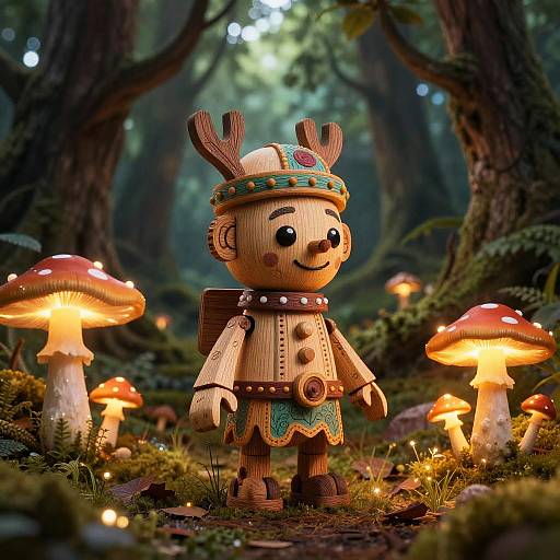 Whimsical wooden forest sprite with antlers, wearing a colorful headband and green skirt, stands among glowing mushrooms in a mystical forest. Digital art