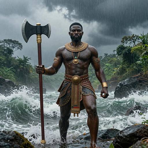 Photorealistic digital artwork of a muscular, dark-skinned warrior with tribal jewelry, holding an axe, standing in a stormy, rocky riverscape