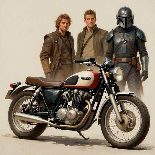 Photograph-style digital art of Han Solo, Obi-Wan Kenobi, and Darth Vader standing beside a vintage motorcycle with a red and white fuel
