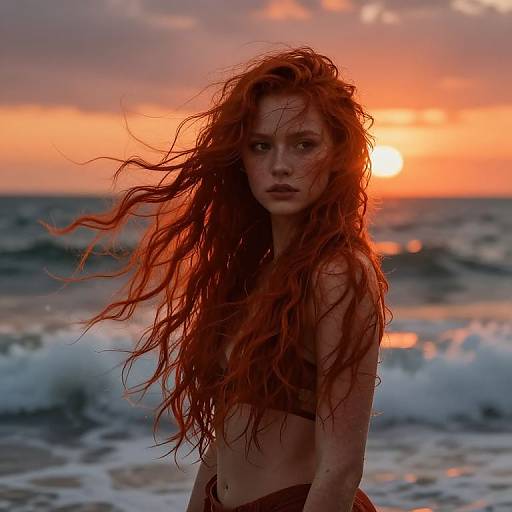 Photograph of a red-haired woman with wild, wind-swept hair standing on a beach at sunset, wearing a dark bikini, waves crashing in