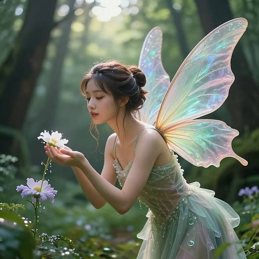 Digital artwork of a delicate fairy with iridescent wings, in a sunlit forest, gently holding a white flower, wearing a translucent, floral-pattern