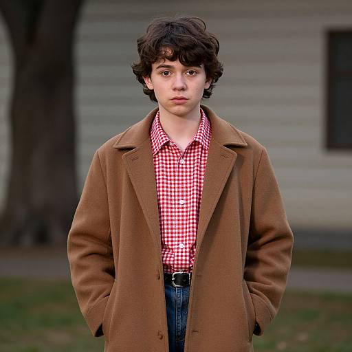 Photograph of a young man with curly brown hair, wearing a brown coat over a red checkered shirt, standing in front of a white house with
