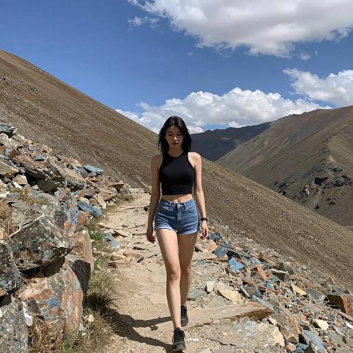 Young Woman on Mountain Trail Scene