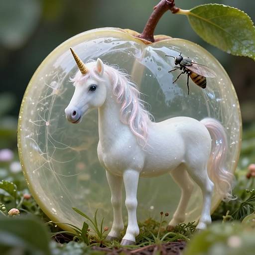 Photograph of a detailed white unicorn figurine with a sparkling horn inside a clear, spherical bubble, surrounded by greenery, with a honeybee hovering