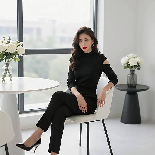 Elegant woman in black outfit in modern minimalist room