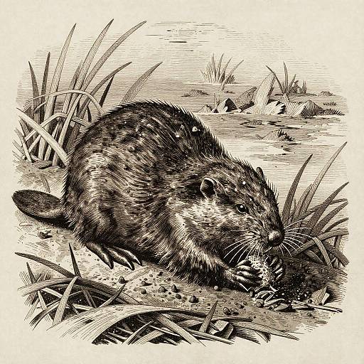 Monochrome Woodcut Beaver Engraving