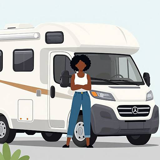 Digital illustration of a dark-skinned woman with curly black hair, wearing a white tank top and blue high-waisted jeans, leaning against a white