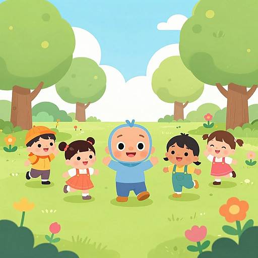 Cartoon-style digital illustration of five children with cheerful expressions, wearing colorful clothes, playing in a sunny, green park with trees and flowers.