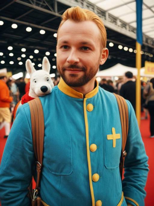 Man in Tintin Costume with Plush Dog at Cosplay Festival