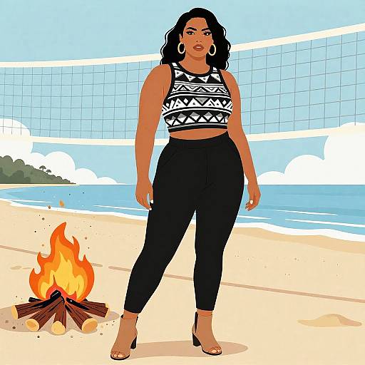 Lanky Woman at Beach Bonfire
