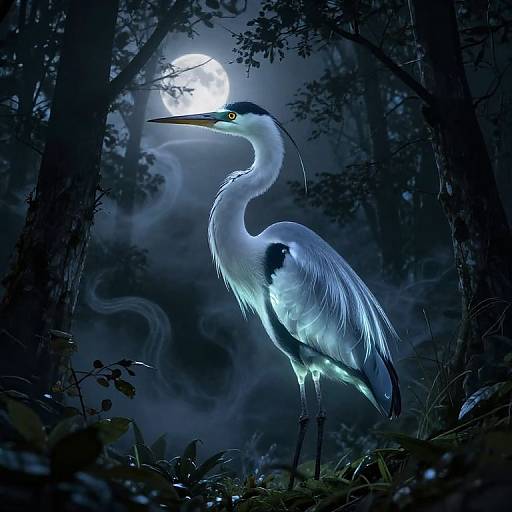 Photograph-like digital art of a glowing blue heron with luminescent feathers standing in a dark, misty forest at night, illuminated by a