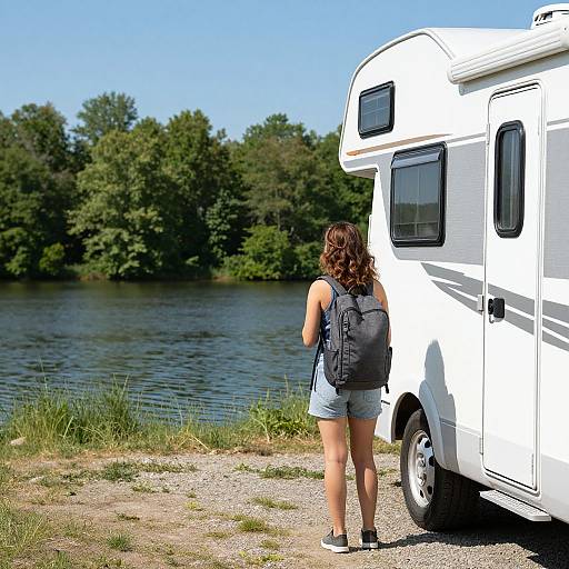 Photograph of a woman with curly brown hair, wearing a black backpack and denim shorts, standing beside a white RV by a lakeside with lush green