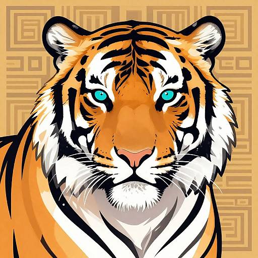Digital artwork of a fierce, orange-and-black tiger with striking blue eyes, against a geometric, beige patterned background.