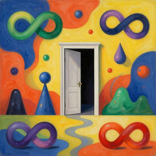 Vibrant surreal painting: colorful abstract shapes (infinites, spheres, cones) surround white doorway on yellow-orange-blue background, with wavy
